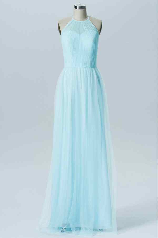 Light Blue A-line Illusion Halter Neck Tulle Long Bridesmaid Dress | Joyofdress Light Blue A-line Illusion Halter Neck Tulle Long Bridesmaid Dress | Joyofdress