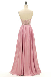 Candy Pink A-line Strapless Satin Rhinestone Long Prom Dress