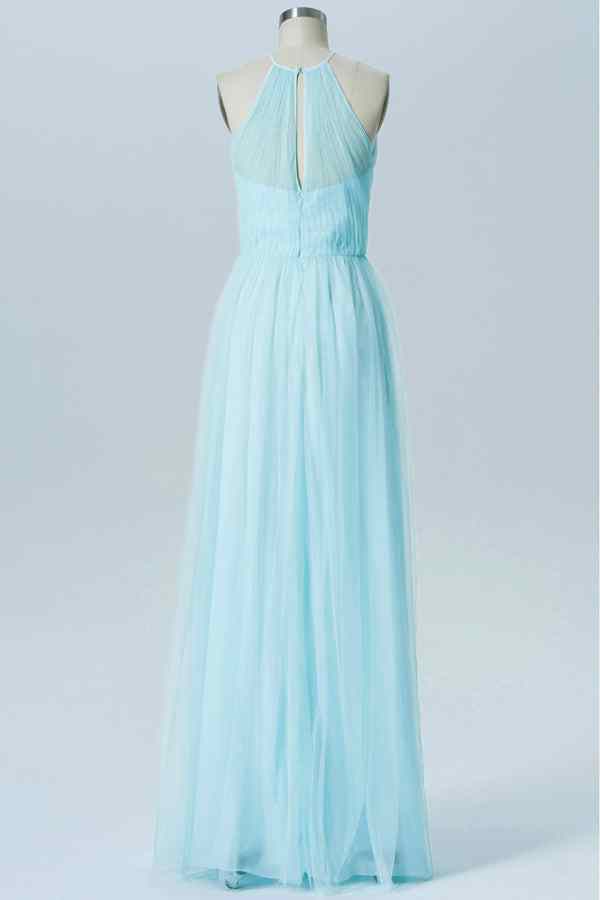 Light Blue A-line Illusion Halter Neck Tulle Long Bridesmaid Dress