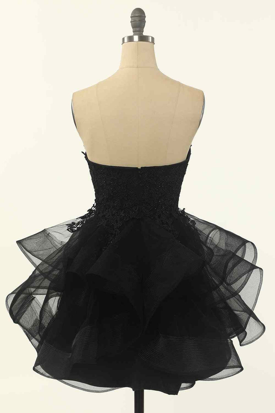Black A-line Strapless V Neck Applique Multi-Layers Mini Homecoming Dress