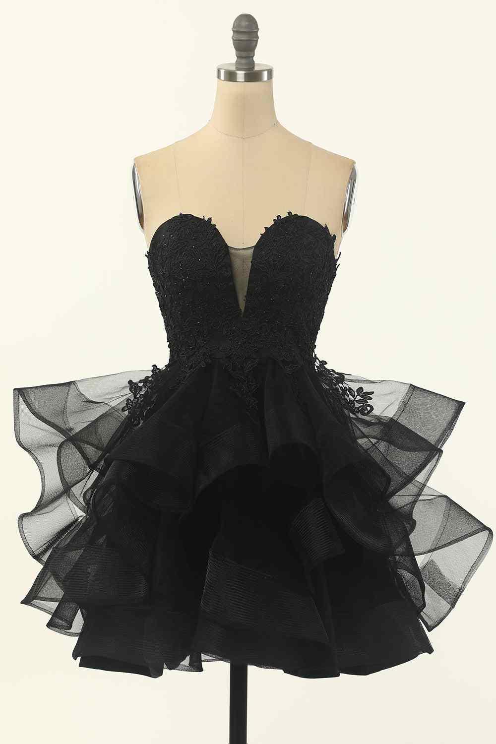 Black A-line Strapless V Neck Applique Multi-Layers Mini Homecoming Dress