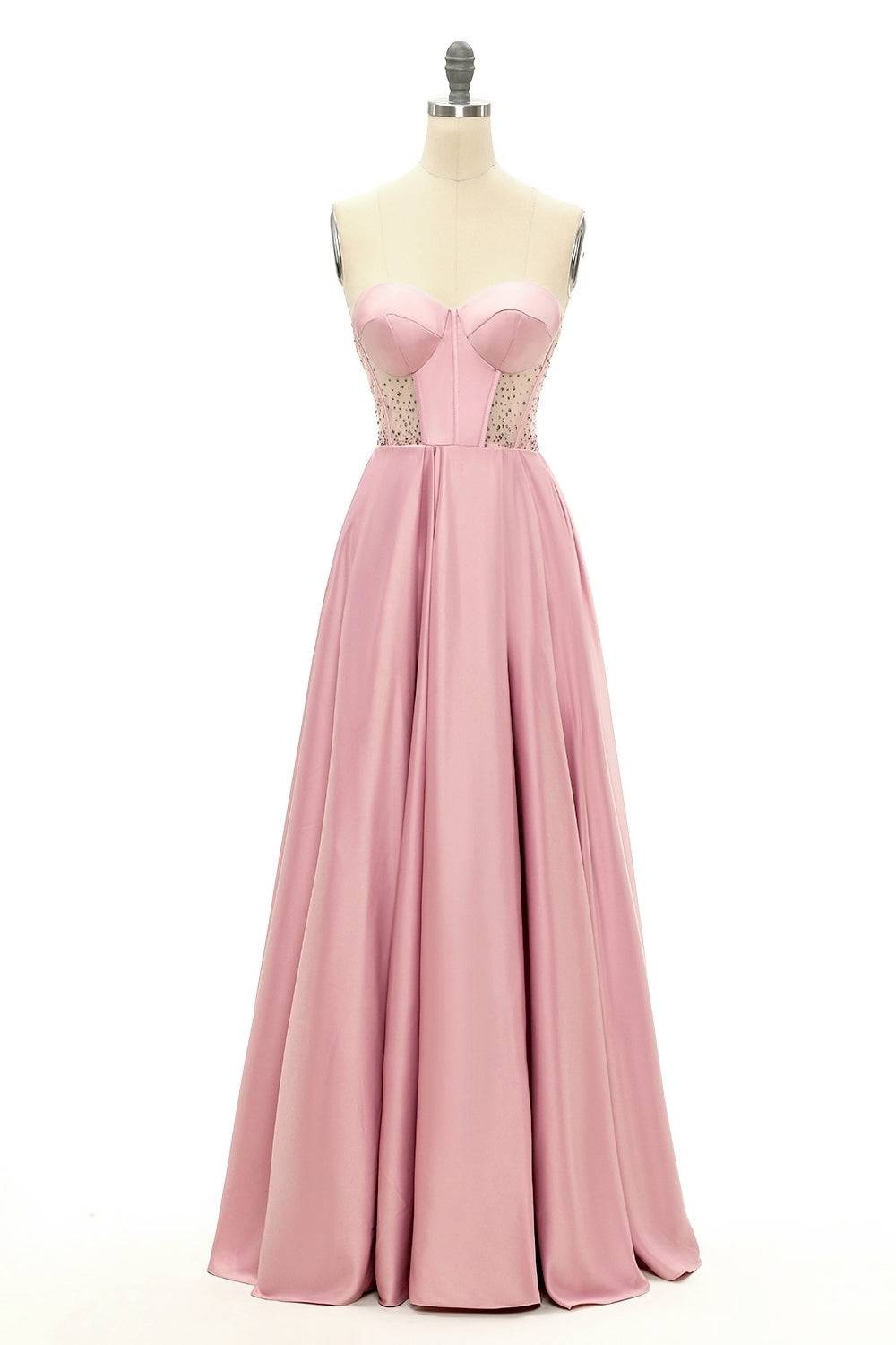 Candy Pink A-line Strapless Satin Rhinestone Long Prom Dress