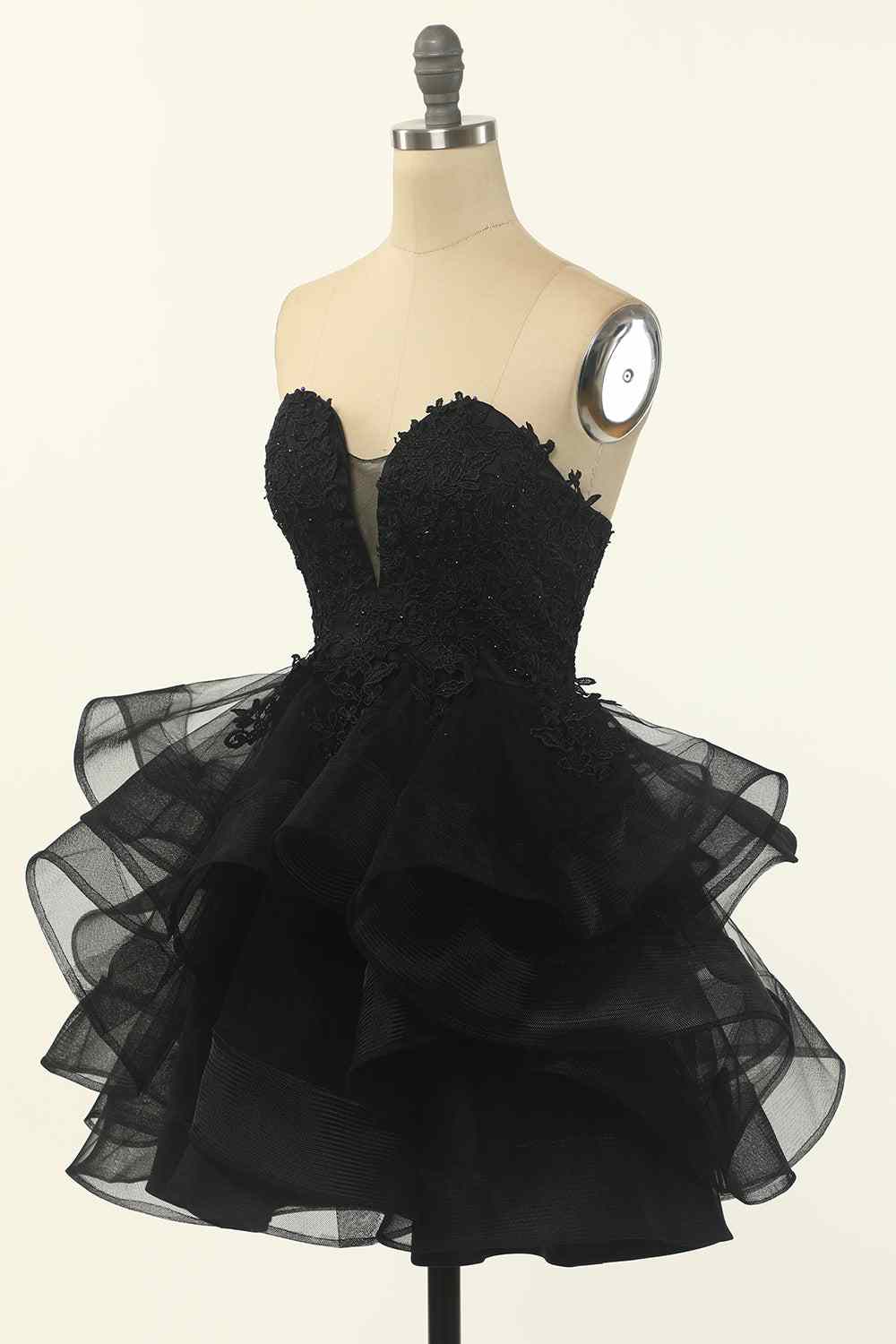 Black A-line Strapless V Neck Applique Multi-Layers Mini Homecoming Dress
