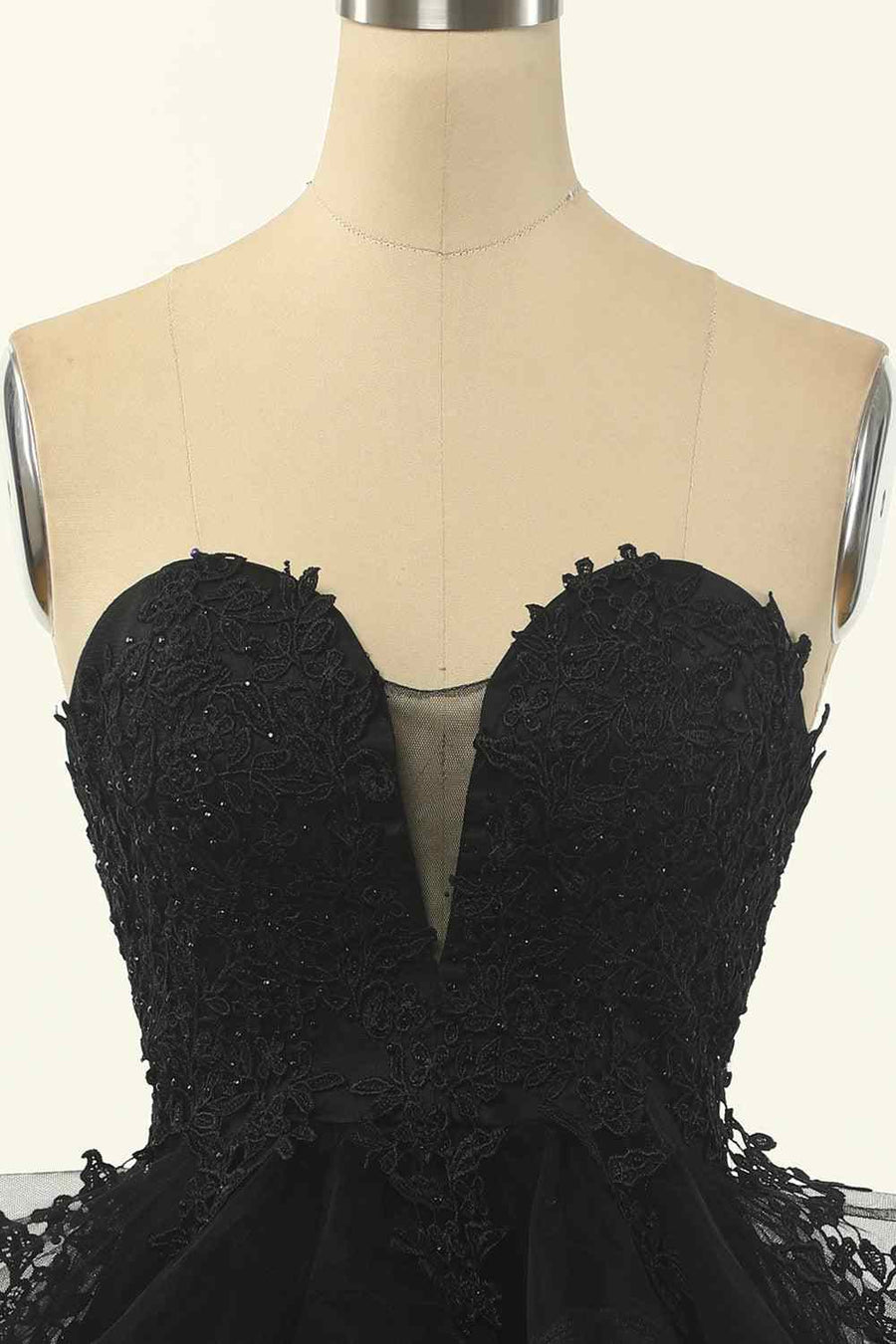 Black A-line Strapless V Neck Applique Multi-Layers Mini Homecoming Dress