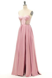Candy Pink A-line Strapless Satin Rhinestone Long Prom Dress
