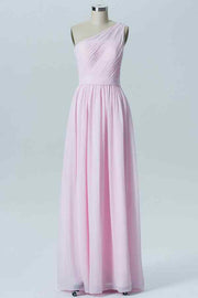 Pink A-line Illusion One Shoulder Chiffon Long Bridesmaid Dress