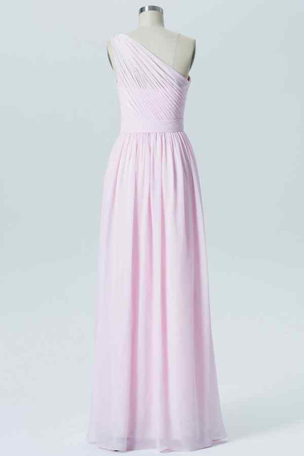 Pink A-line Illusion One Shoulder Chiffon Long Bridesmaid Dress Pink / Custom Size Pink A-line Illusion One Shoulder Chiffon Long Bridesmaid Dress Pink / Custom Size
