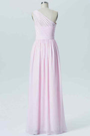 Pink A-line Illusion One Shoulder Chiffon Long Bridesmaid Dress