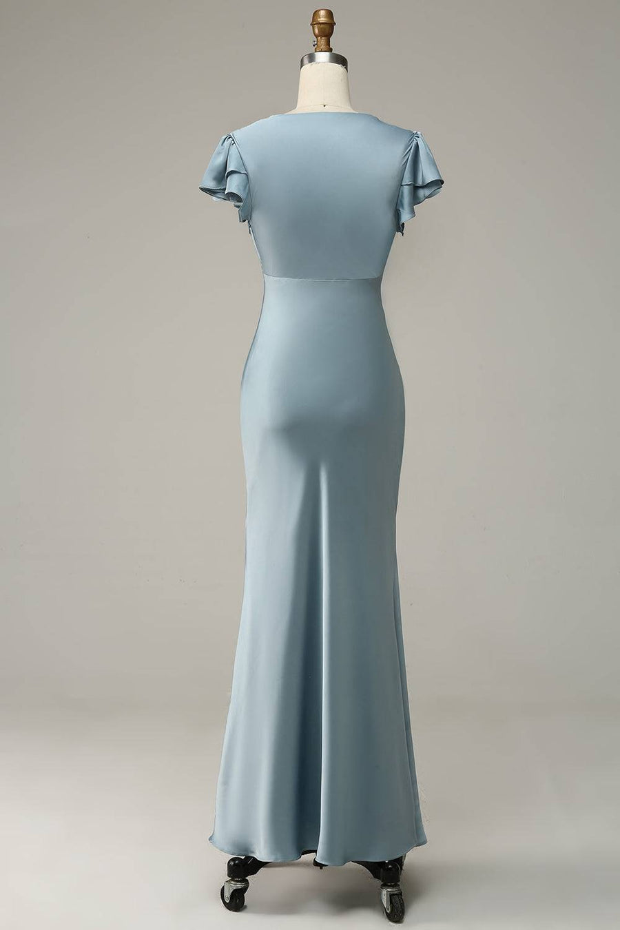 Misty Mermaid V Neck Satin Ruffle Sleeves Long Bridesmaid Dress