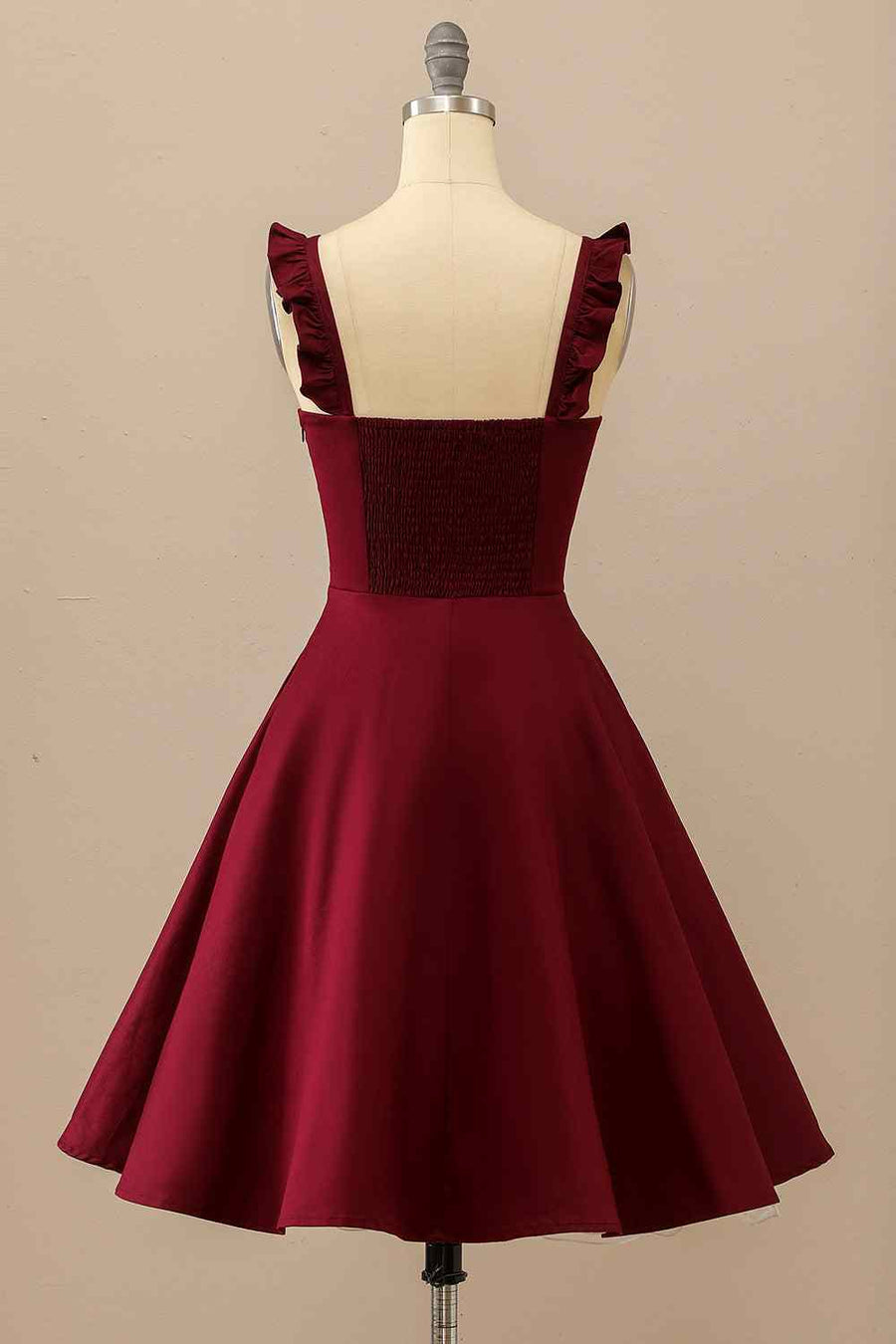 Burgundy A-line Ruffle straps Satin Mini Homecoming Dress