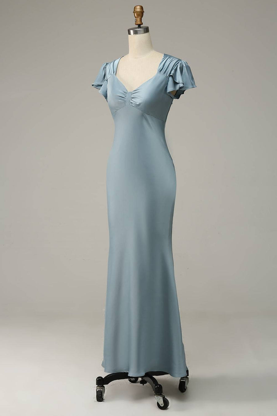 Misty Mermaid V Neck Satin Ruffle Sleeves Long Bridesmaid Dress