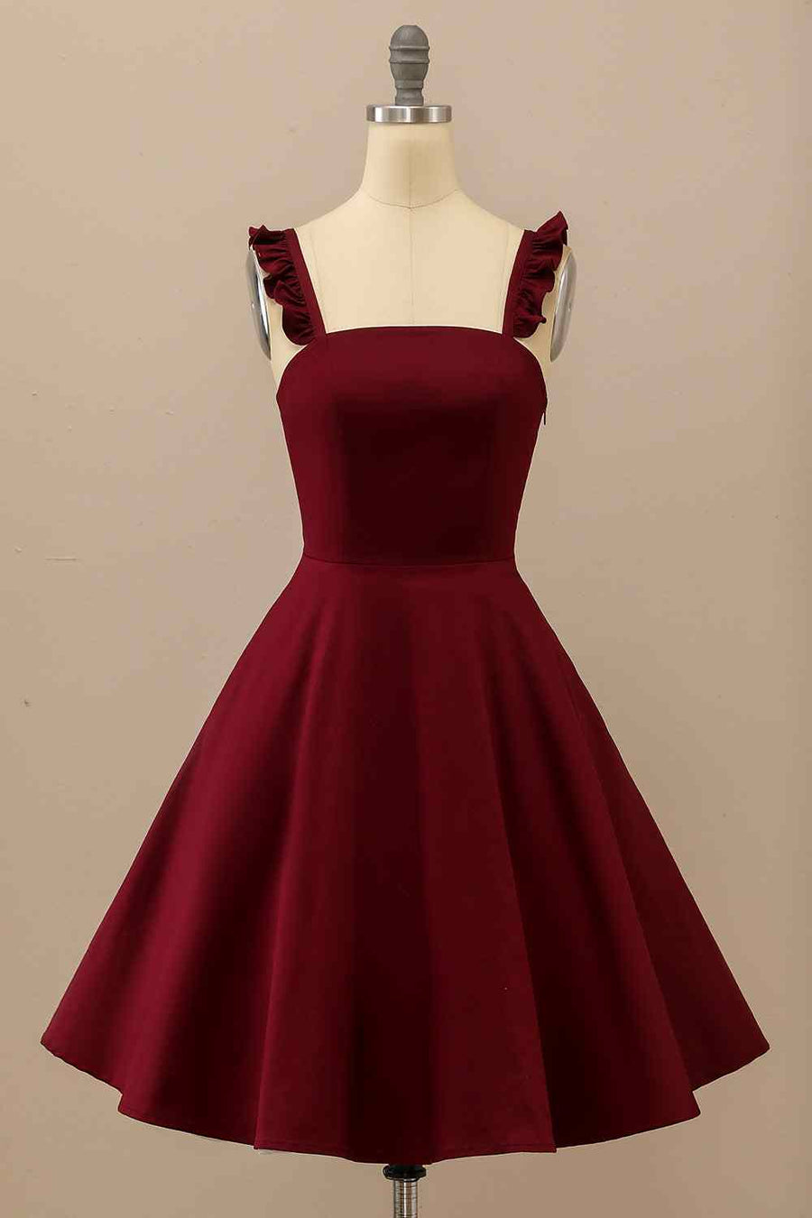 Burgundy A-line Ruffle straps Satin Mini Homecoming Dress