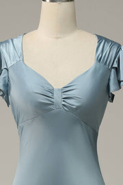 Misty Mermaid V Neck Satin Ruffle Sleeves Long Bridesmaid Dress