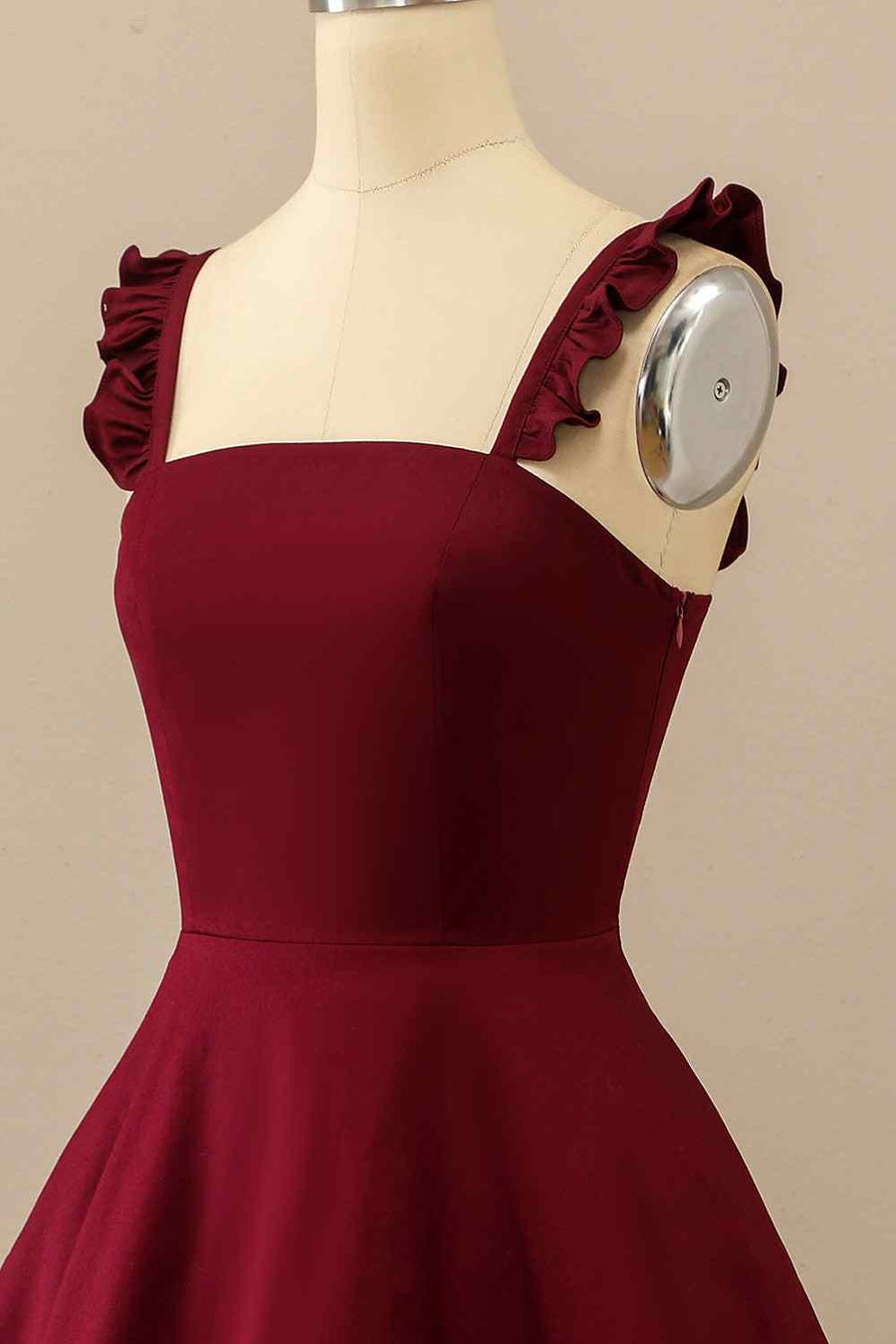 Burgundy A-line Ruffle straps Satin Mini Homecoming Dress