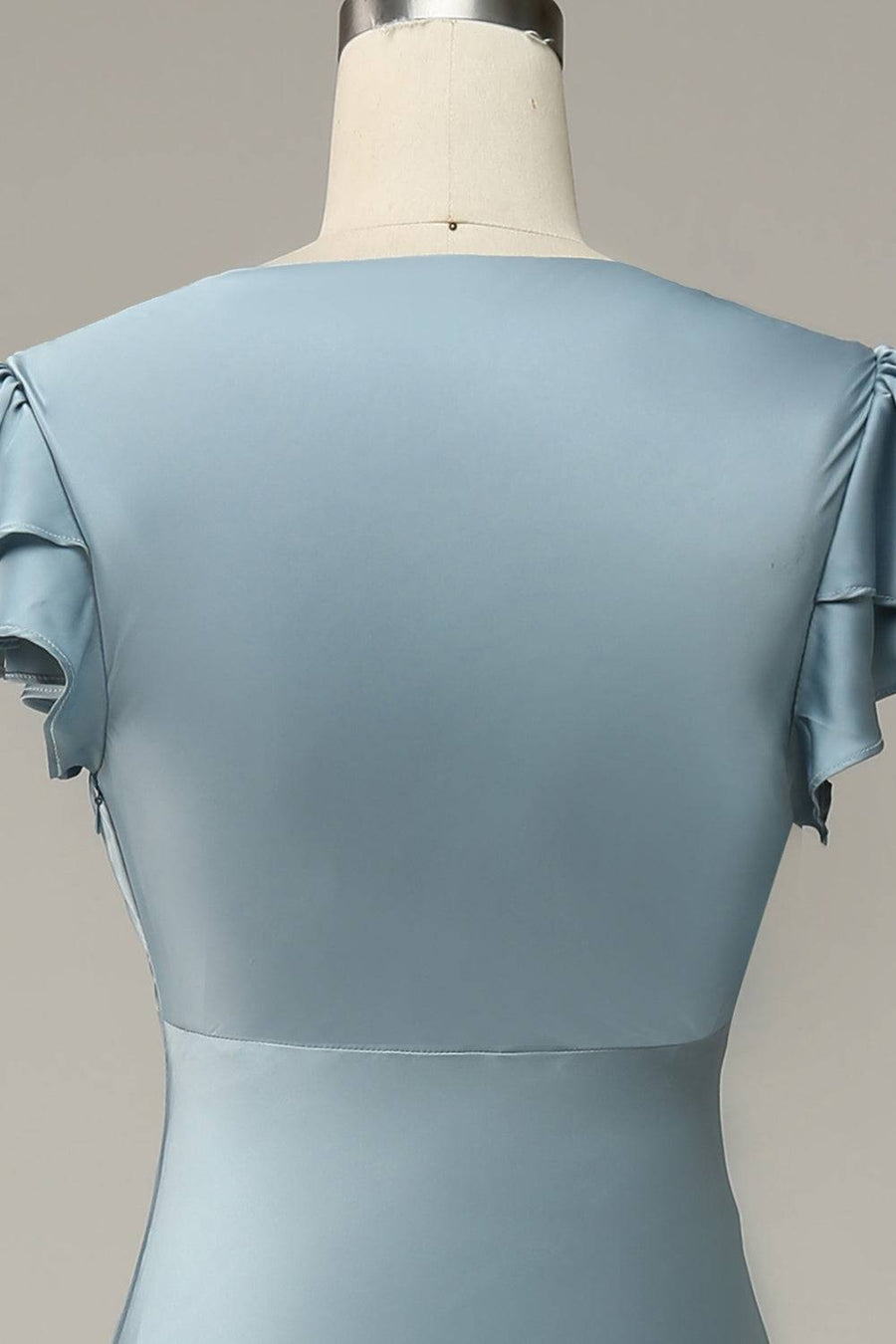 Misty Mermaid V Neck Satin Ruffle Sleeves Long Bridesmaid Dress