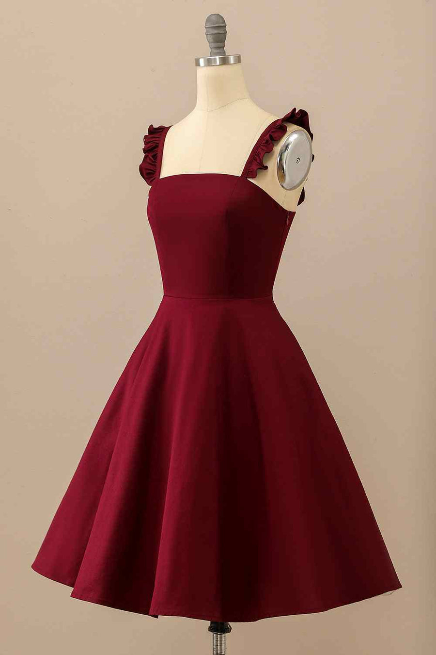 Burgundy A-line Ruffle straps Satin Mini Homecoming Dress