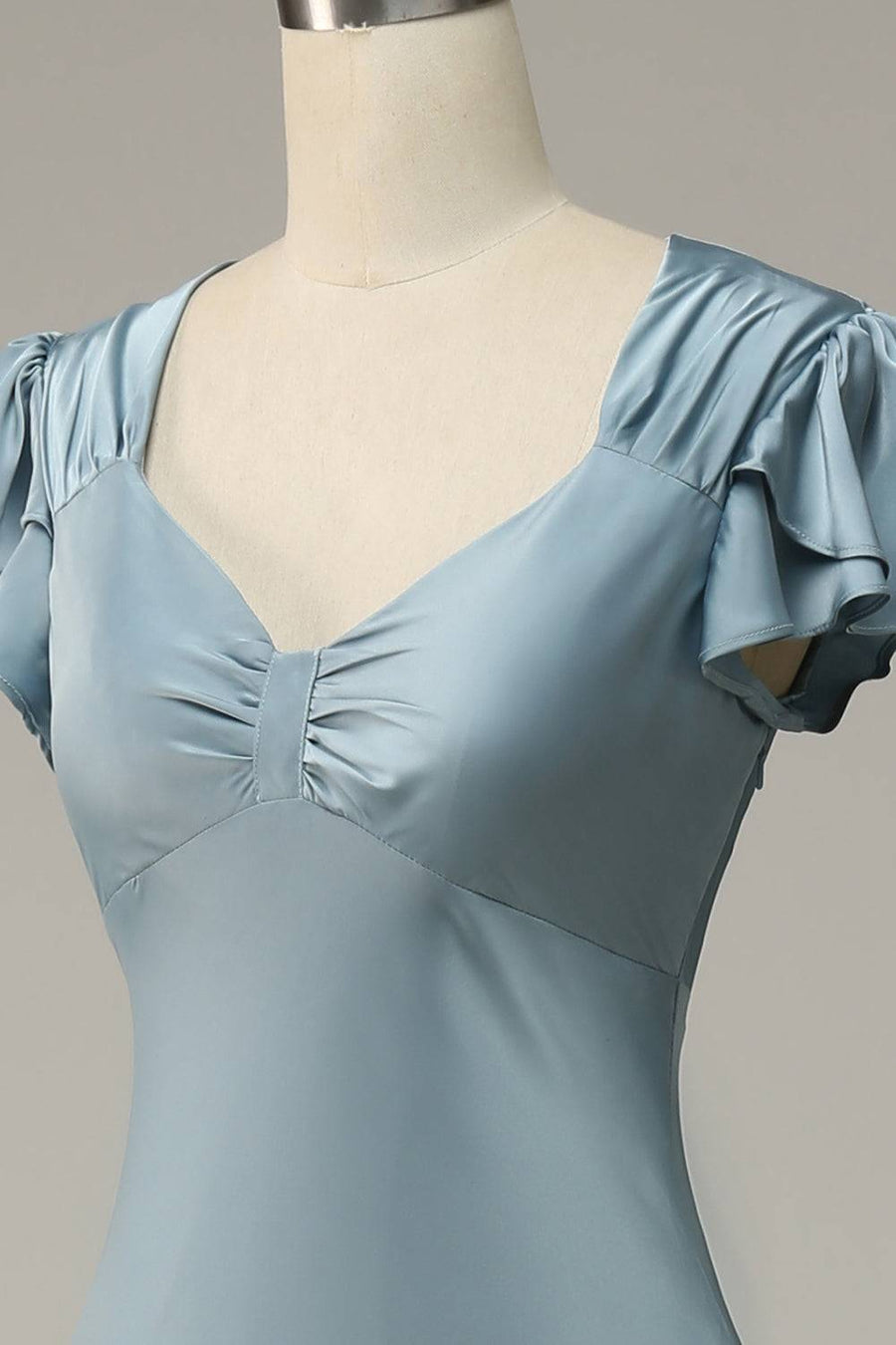 Misty Mermaid V Neck Satin Ruffle Sleeves Long Bridesmaid Dress