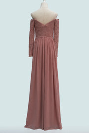 Desert Rose A-line Long Sleeves Off-Shoulder Lace Long Bridesmaid Dress