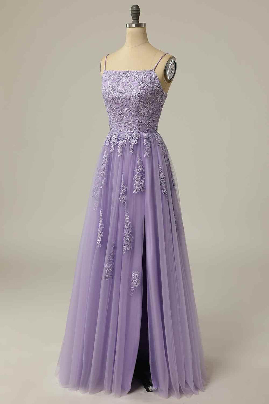 Square Sleeveless Lace Top A-Line Prom Party Dress With Slit