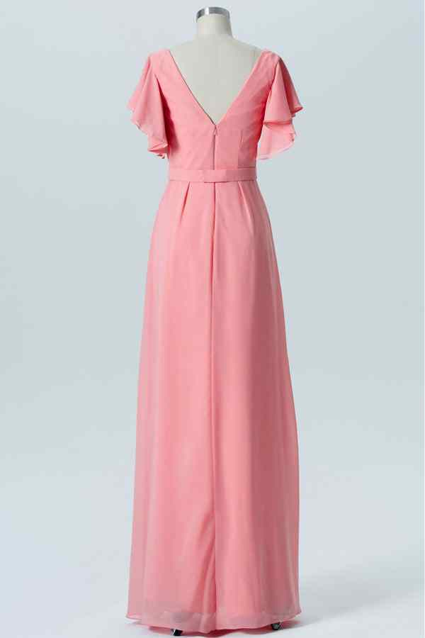 Coral A-line Faux-Wrap Chiffon Pleated Ruffle Long Bridesmaid Dress Coral / US 10