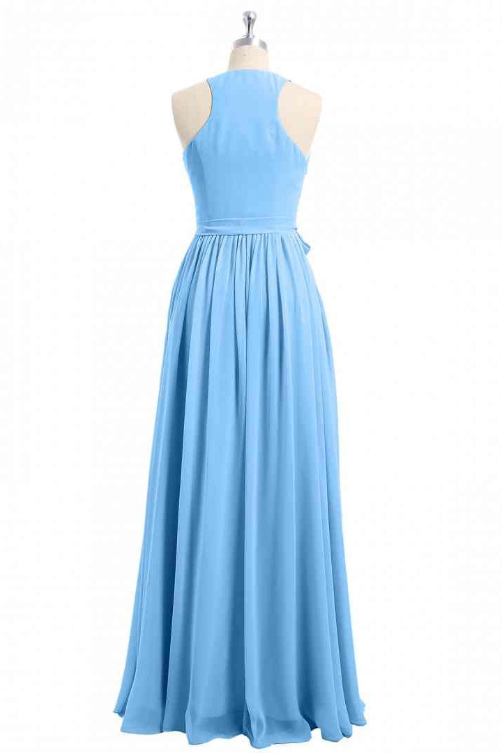 Blue A-line Halter V neckline pleated Chiffon Long Bridesmaid Dress