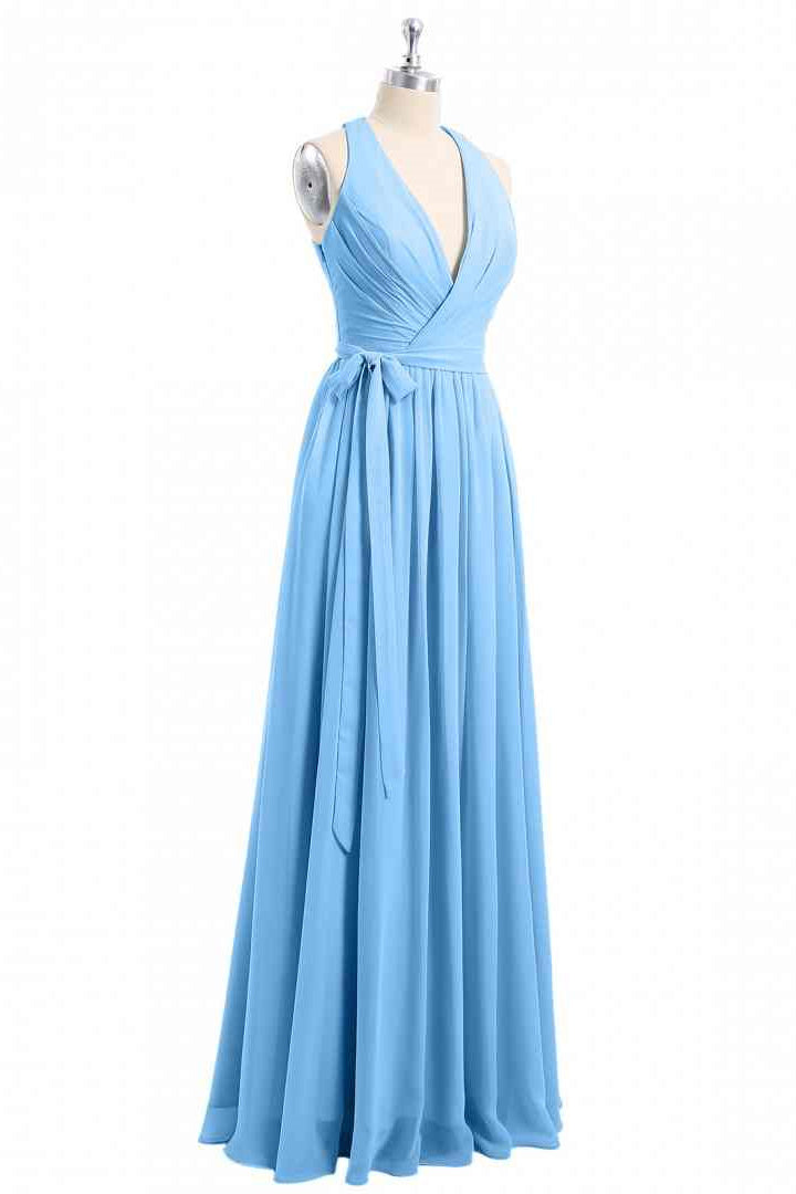 Blue A-line Halter V neckline pleated Chiffon Long Bridesmaid Dress