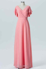 Coral A-line Faux-Wrap Chiffon Pleated Ruffle Long Bridesmaid Dress