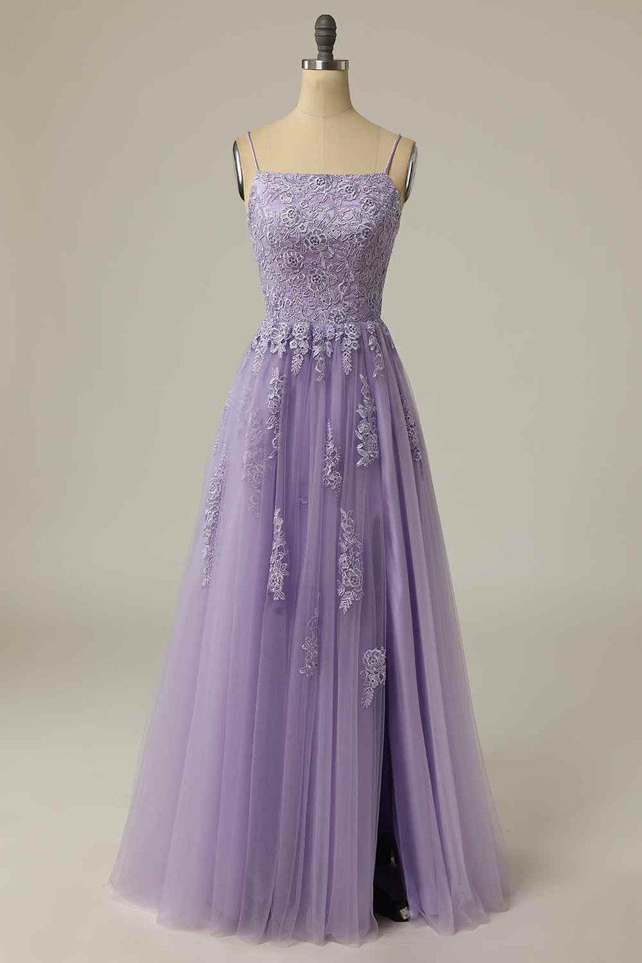 Square Sleeveless Lace Top A-Line Prom Party Dress With Slit