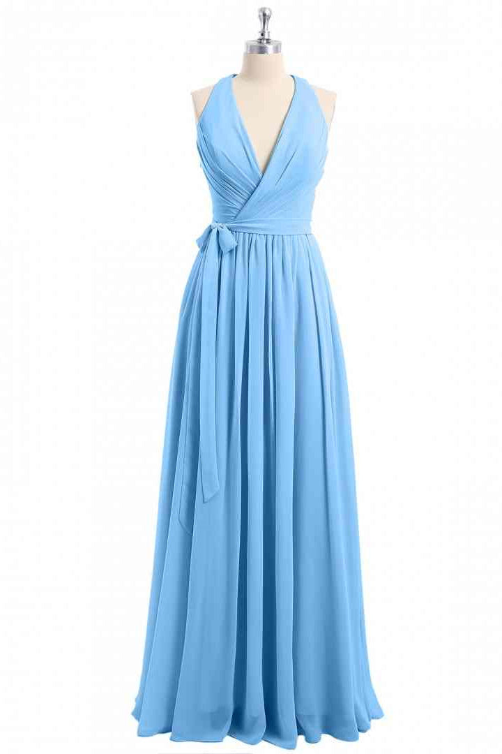 Blue A-Line Halter V Neckline Pleated Chiffon Long Bridesmaid Dress Blue / US 2 Blue A-Line Halter V Neckline Pleated Chiffon Long Bridesmaid Dress Blue / US 2