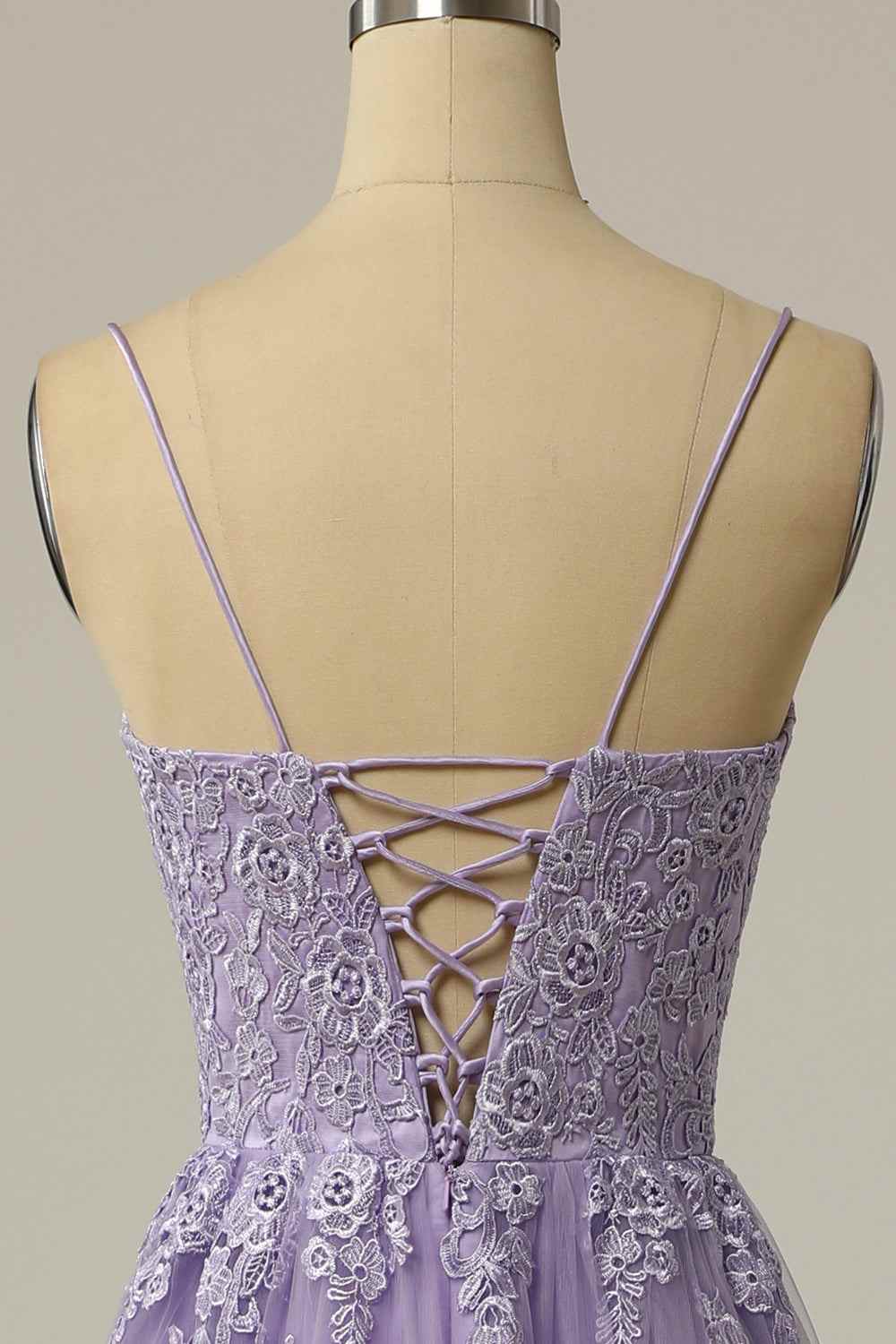 Lilac A-line Lace-Up Back Tulle Embroidery Slit Long Prom Dress