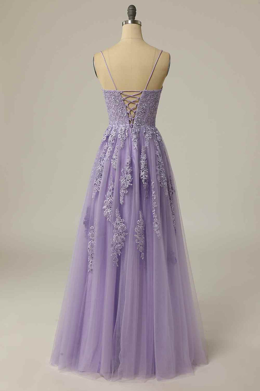 Lilac A-line Lace-Up Back Tulle Embroidery Slit Long Prom Dress