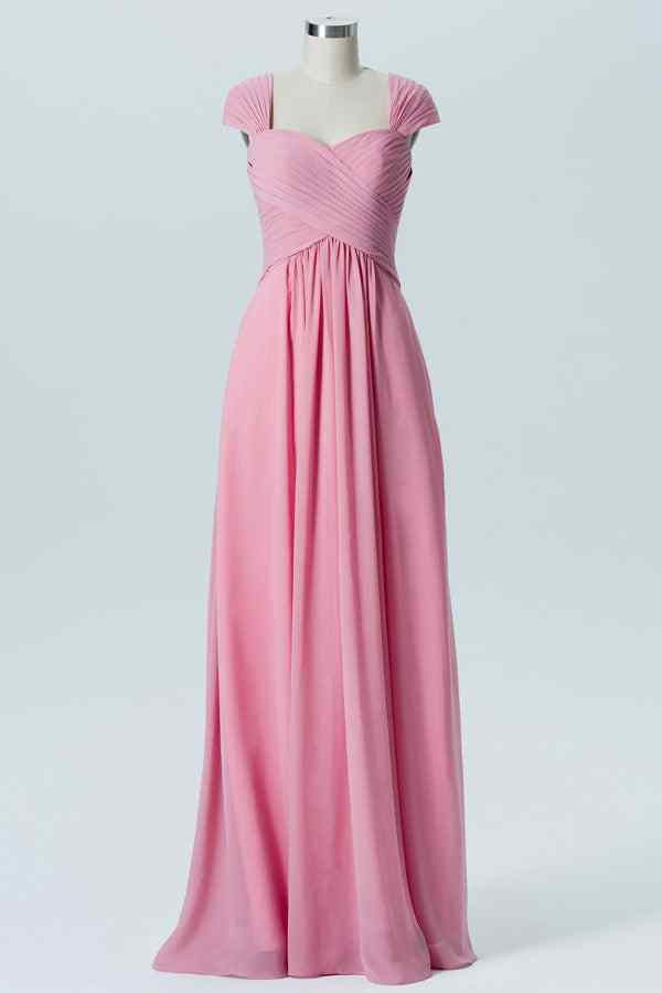 Hot Pink A-line Cap Sleeves Pleated Chiffon Long Bridesmaid Dress