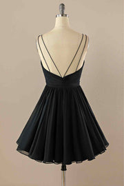 Black A-line Double Straps Pleated Beaded Chiffon Mini Homecoming Dress