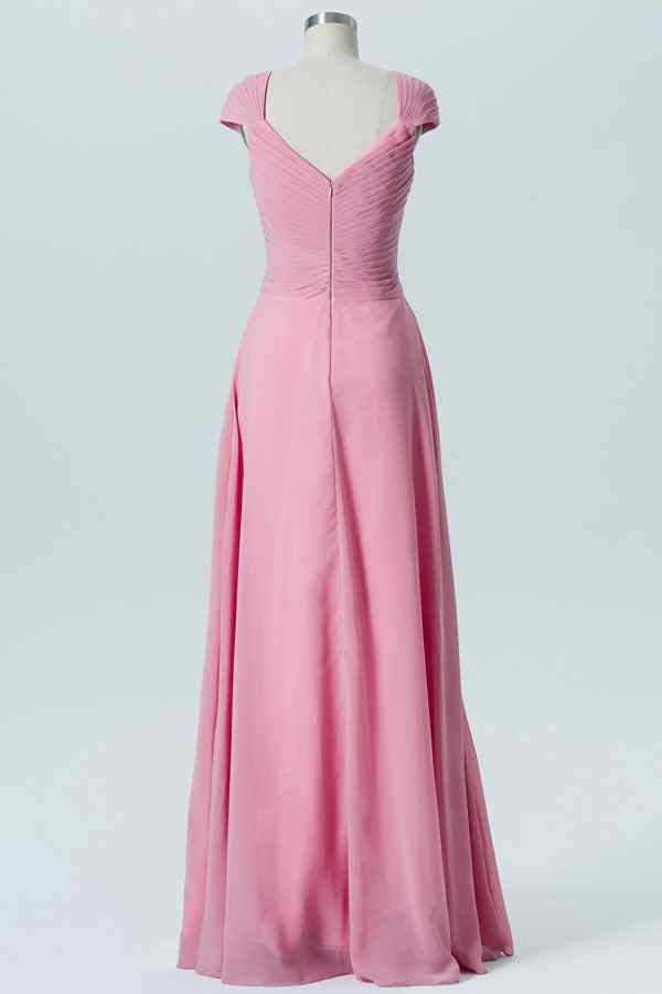 Hot Pink A-line Cap Sleeves Pleated Chiffon Long Bridesmaid Dress