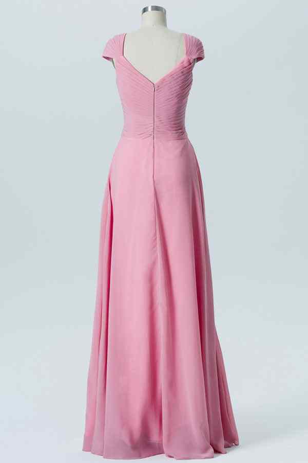 Hot Pink A-line Cap Sleeves Pleated Chiffon Long Bridesmaid Dress Hot Pink / US 10 Hot Pink A-line Cap Sleeves Pleated Chiffon Long Bridesmaid Dress Hot Pink / US 10