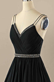 Black A-line Double Straps Pleated Beaded Chiffon Mini Homecoming Dress