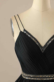 Black A-line Double Straps Pleated Beaded Chiffon Mini Homecoming Dress