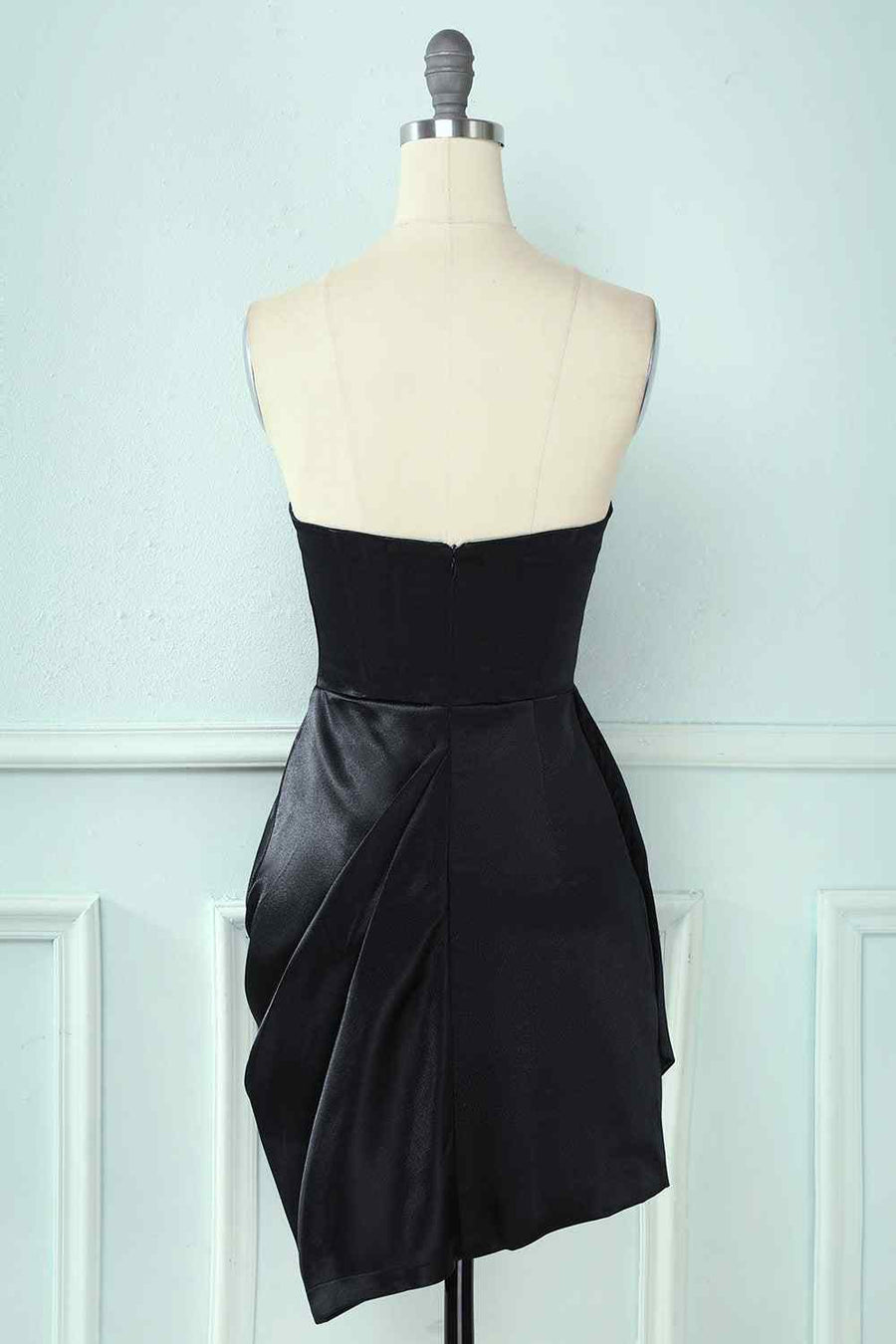 Black Sheath Strapless Sweetheart Pleated Leather Mini Homecoming Dress