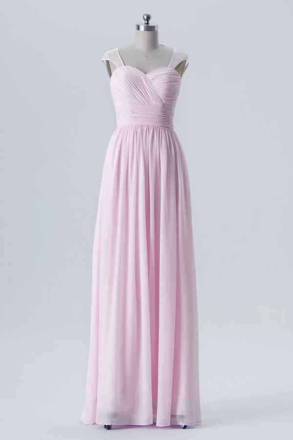 Candy Pink A-line Cap Sleeves Pleated Keyhole Chiffon Long Bridesmaid Dress