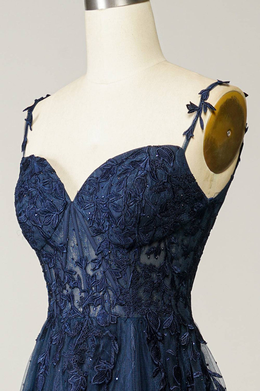 Dark Navy Sweetheart Lace Appliques Tulle A-line Prom Dress