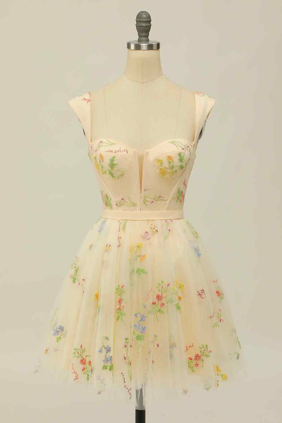 Champagne A-line Cap Sleeves Applique Mini Homecoming Dress