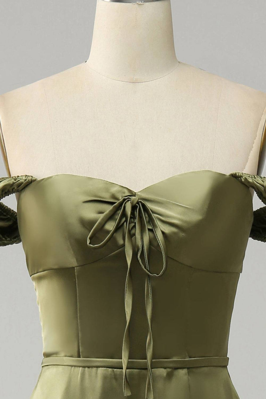 Olive A-line Off-Shoulder Satin Slit Long Bridesmaid Dress