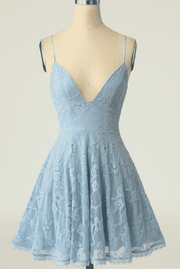 Sky Blue A-line V Neck Lace-Up Back Lace Mini Homecoming Dress