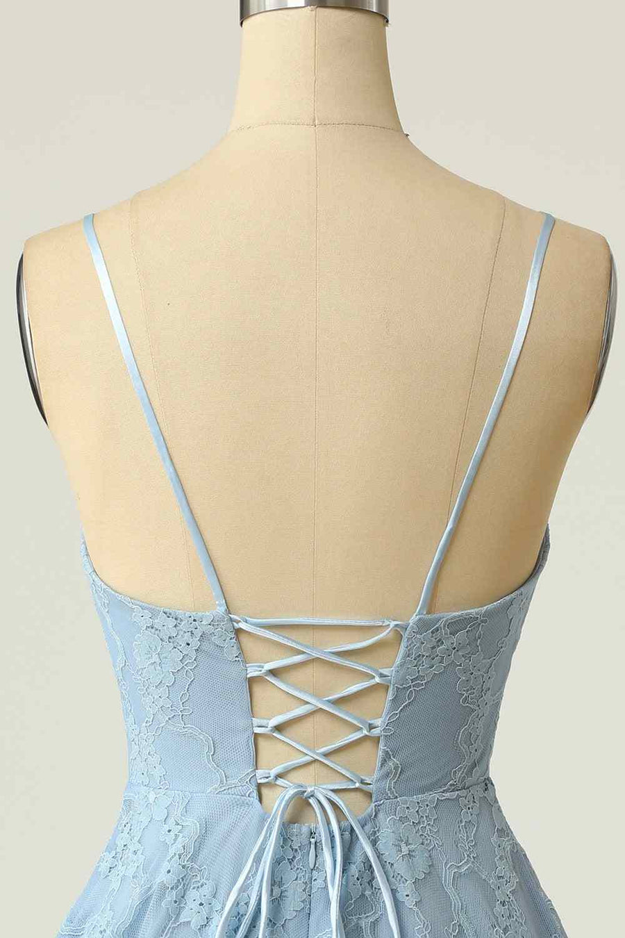 Sky Blue A-line V Neck Lace-Up Back Lace Mini Homecoming Dress