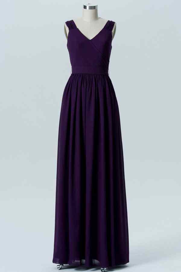 Dark Purple A-line V Neck Pleated Chiffon Long Bridesmaid Dress Dark Purple / US 6
