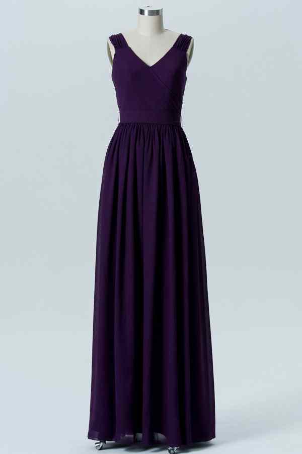 Dark Purple A-line V Neck Pleated Chiffon Long Bridesmaid Dress