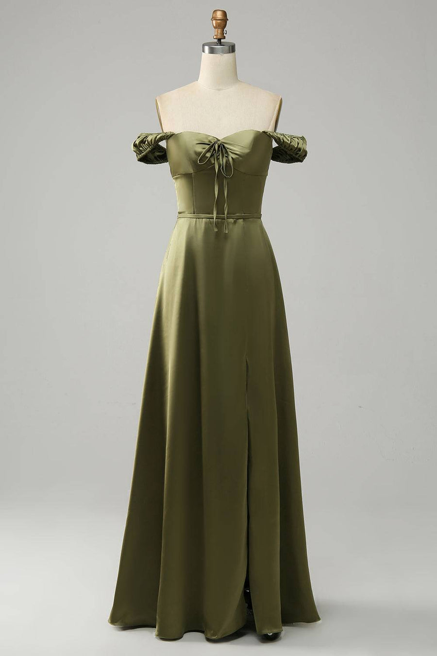 Olive A-line Off-Shoulder Satin Slit Long Bridesmaid Dress Olive / US 6 Olive A-line Off-Shoulder Satin Slit Long Bridesmaid Dress Olive / US 6