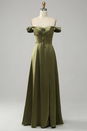 Olive A-line Off-Shoulder Satin Slit Long Prom Dress