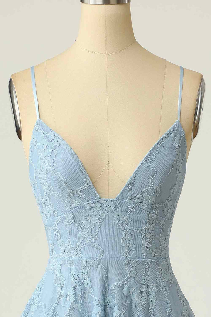 Sky Blue A-line V Neck Lace-Up Back Lace Mini Homecoming Dress