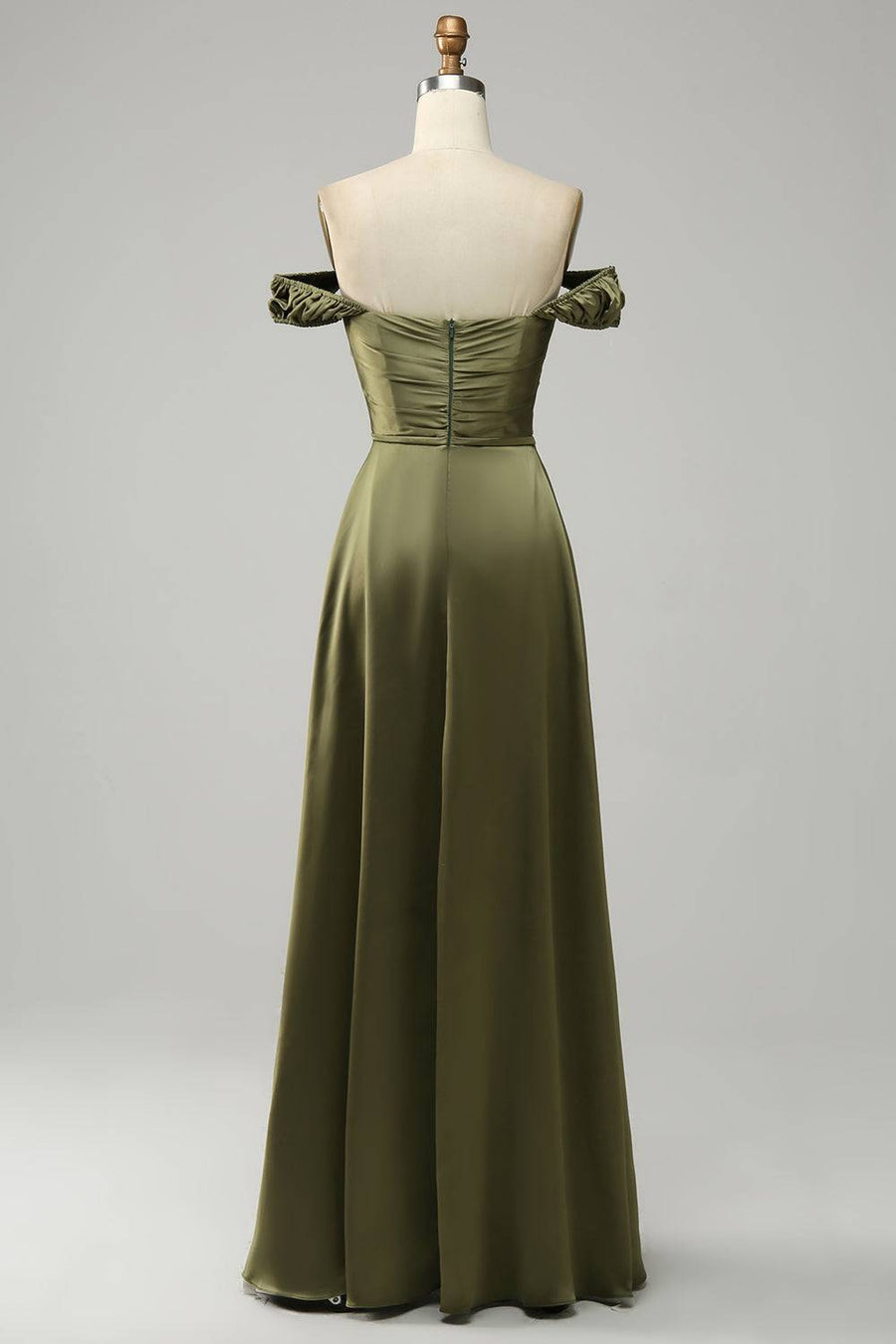 Olive A-line Off-Shoulder Satin Slit Long Bridesmaid Dress